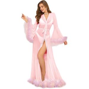 imageOYOANGLE Womens Ruffle Trim Long Sleeve Belted Sheer Mesh Wedding Bride Robe NightgownLight Pink