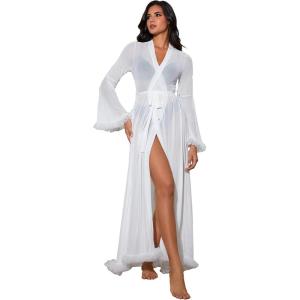 imageOYOANGLE Womens Ruffle Trim Long Sleeve Belted Sheer Mesh Wedding Bride Robe NightgownWhite
