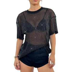 imageOYOANGLE Womens Sparkle Glitter Sheer See Through Top Short Sleeve Loose Casual Shiny Tshirt Mesh Shirt BlouseBlack