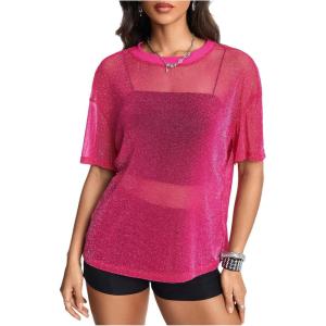 imageOYOANGLE Womens Sparkle Glitter Sheer See Through Top Short Sleeve Loose Casual Shiny Tshirt Mesh Shirt BlouseHot Pink