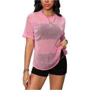 imageOYOANGLE Womens Sparkle Glitter Sheer See Through Top Short Sleeve Loose Casual Shiny Tshirt Mesh Shirt BlousePink