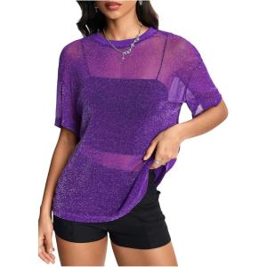 imageOYOANGLE Womens Sparkle Glitter Sheer See Through Top Short Sleeve Loose Casual Shiny Tshirt Mesh Shirt BlousePurple