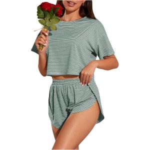 imageOYOANGLE Womens Two Piece Pajama Set Striped Print Crew Neck Short Sleeve Tee and Side Split Shorts SetDark Green