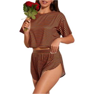 imageOYOANGLE Womens Two Piece Pajama Set Striped Print Crew Neck Short Sleeve Tee and Side Split Shorts SetDark Orange