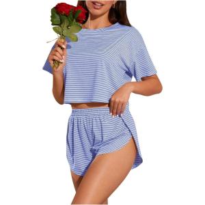 imageOYOANGLE Womens Two Piece Pajama Set Striped Print Crew Neck Short Sleeve Tee and Side Split Shorts SetDeep Blue