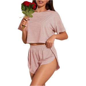imageOYOANGLE Womens Two Piece Pajama Set Striped Print Crew Neck Short Sleeve Tee and Side Split Shorts SetOrange