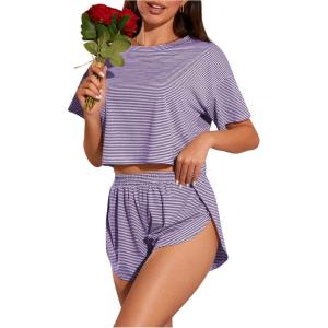 imageOYOANGLE Womens Two Piece Pajama Set Striped Print Crew Neck Short Sleeve Tee and Side Split Shorts SetPurple