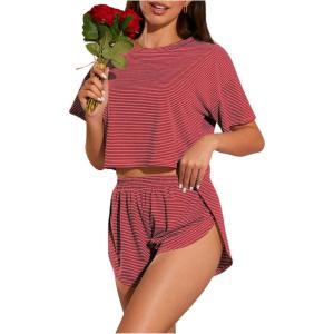 imageOYOANGLE Womens Two Piece Pajama Set Striped Print Crew Neck Short Sleeve Tee and Side Split Shorts SetRed