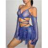 imageOYOANGLE Womens 2 Piece Mesh Sheer Criss Cross Crop Top and Asymmetrical Mini Skirt Party Rave OutfitsBlue