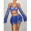imageOYOANGLE Womens 2 Piece Mesh Sheer Criss Cross Crop Top and Asymmetrical Mini Skirt Party Rave OutfitsBlue