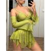 imageOYOANGLE Womens 2 Piece Mesh Sheer Criss Cross Crop Top and Asymmetrical Mini Skirt Party Rave OutfitsGreen