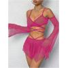 imageOYOANGLE Womens 2 Piece Mesh Sheer Criss Cross Crop Top and Asymmetrical Mini Skirt Party Rave OutfitsHot Pink
