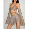 imageOYOANGLE Womens 2 Piece Mesh Sheer Criss Cross Crop Top and Asymmetrical Mini Skirt Party Rave OutfitsKhaki