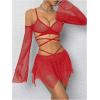 imageOYOANGLE Womens 2 Piece Mesh Sheer Criss Cross Crop Top and Asymmetrical Mini Skirt Party Rave OutfitsRed