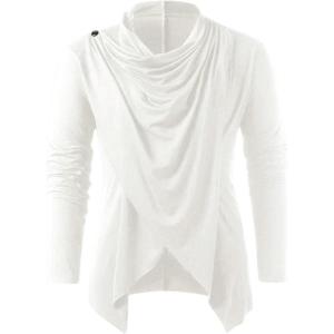 imageOYOANGLE Mens Long Sleeve Pile Heap Collar Pullover Top Irregular Hem Vintage Punk Tee TopsWhite