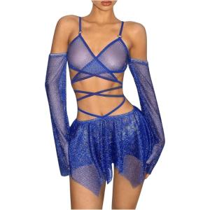 imageOYOANGLE Womens 2 Piece Mesh Sheer Criss Cross Crop Top and Asymmetrical Mini Skirt Party Rave OutfitsBlue