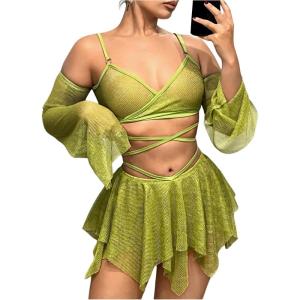 imageOYOANGLE Womens 2 Piece Mesh Sheer Criss Cross Crop Top and Asymmetrical Mini Skirt Party Rave OutfitsGreen