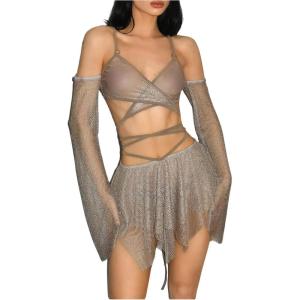 imageOYOANGLE Womens 2 Piece Mesh Sheer Criss Cross Crop Top and Asymmetrical Mini Skirt Party Rave OutfitsKhaki