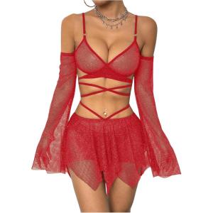 imageOYOANGLE Womens 2 Piece Mesh Sheer Criss Cross Crop Top and Asymmetrical Mini Skirt Party Rave OutfitsRed
