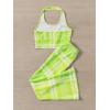 imageOYOANGLE Girls 2 Piece Outfits Clothing Sets Halter Crop Top and Flare Leg Pants SetGreen