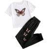 imageOYOANGLE Girls 2 Piece Outfits Short Sleeve Butterfly Tee and Sweatpants SetWhite Black Print
