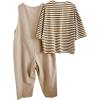 imageOYOANGLE Girls 2 Piece Outfits Striped Short Sleeve Tshirt and Baggy Wide Leg Overalls Jumpsuits SetKhaki