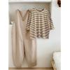 imageOYOANGLE Girls 2 Piece Outfits Striped Short Sleeve Tshirt and Baggy Wide Leg Overalls Jumpsuits SetKhaki
