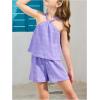 imageOYOANGLE Girls 2 Piece Outfits Textured Criss Cross Halter Cami Top and Elastic Waist Shorts SetViolet Purple