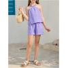 imageOYOANGLE Girls 2 Piece Outfits Textured Criss Cross Halter Cami Top and Elastic Waist Shorts SetViolet Purple