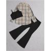 imageOYOANGLE Girls 3 Piece Outfits Cami Crop Top and Plaid Shirt with Flared Pants SetKhaki and Black