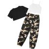 imageOYOANGLE Girls 3 Piece Outfits Casual Short Sleeve Crop Tee and Camo Print Cargo Pants and Cami TopBlack