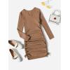 imageOYOANGLE Girls Long Sleeve Ribbed Knit Drawstring Side Ruched Bodycon Short DressBrown