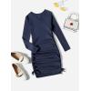 imageOYOANGLE Girls Long Sleeve Ribbed Knit Drawstring Side Ruched Bodycon Short DressNavy Blue