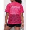 imageOYOANGLE Girls Short Sleeve Fishnet T Shirt Drop Shoulder Hollow Out Mesh Workout TeesHot Pink