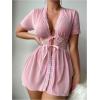 imageOYOANGLE Womens 2 Piece Lace Sheer Mesh Babydoll Lingerie Set Tie Front Nightgown Thongs SleepwearPink