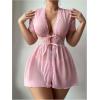 imageOYOANGLE Womens 2 Piece Lace Sheer Mesh Babydoll Lingerie Set Tie Front Nightgown Thongs SleepwearPink