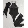 imageOYOANGLE Womens 3 Piece Mesh Sheer Backless Halter Lingerie Bodysuit with Stockings SetBlack