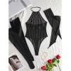 imageOYOANGLE Womens 3 Piece Mesh Sheer Backless Halter Lingerie Bodysuit with Stockings SetBlack