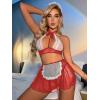 imageOYOANGLE Womens 4 Pack French Maid Costume Cosplay Halter Lingerie Set Cut Out Mesh Lace Teddy BabydollRed Solid