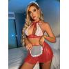 imageOYOANGLE Womens 4 Pack French Maid Costume Cosplay Halter Lingerie Set Cut Out Mesh Lace Teddy BabydollRed Solid