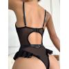 imageOYOANGLE Womens 4 Piece Lingerie Sets Floral Lace Bow Teddy Bodysuit with StockingsBlack