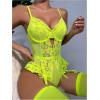 imageOYOANGLE Womens 4 Piece Lingerie Sets Floral Lace Bow Teddy Bodysuit with StockingsLime Green