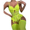 imageOYOANGLE Womens 4 Piece Lingerie Sets Floral Lace Bow Teddy Bodysuit with StockingsLime Green