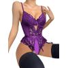 imageOYOANGLE Womens 4 Piece Lingerie Sets Floral Lace Bow Teddy Bodysuit with StockingsPurple