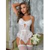 imageOYOANGLE Womens 4 Piece Lingerie Sets Floral Lace Bow Teddy Bodysuit with StockingsWhite