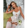 imageOYOANGLE Womens 4 Piece Lingerie Sets Floral Lace Bow Teddy Bodysuit with StockingsWhite