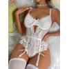 imageOYOANGLE Womens 4 Piece Lingerie Sets Floral Lace Bow Teddy Bodysuit with StockingsWhite