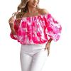 imageOYOANGLE Womens Boho Floral Print Off Shoulder 34 Sleeve Shirred Blouses Casual Top ShirtsPink White