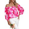 imageOYOANGLE Womens Boho Floral Print Off Shoulder 34 Sleeve Shirred Blouses Casual Top ShirtsPink White