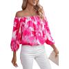 imageOYOANGLE Womens Boho Floral Print Off Shoulder 34 Sleeve Shirred Blouses Casual Top ShirtsPink White
